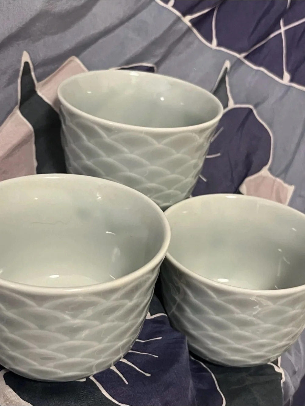 Rare Vtg Horchow Japan Celadon Seigaiha Tea Cups Set of 3 Blue Green pre y2k